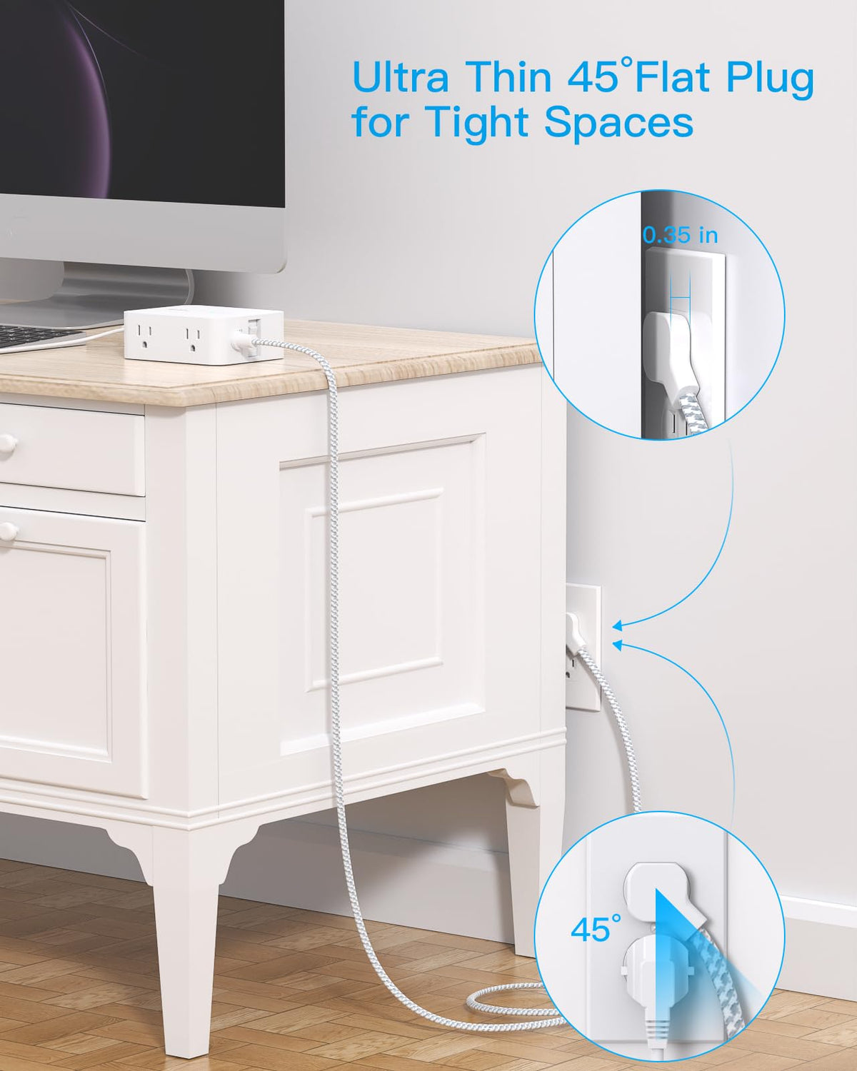 HANYCONY wall-mount-ready power strip enables flexible placement.