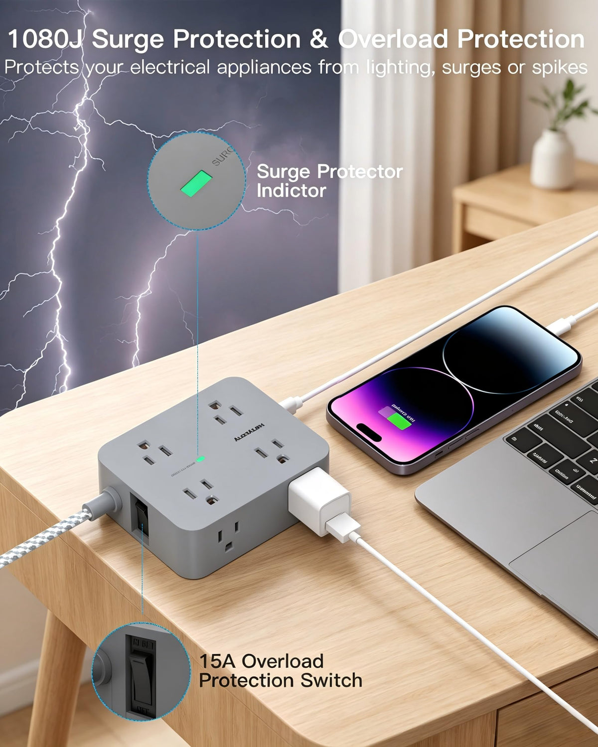 HANYCONY close detail of wide outlet spacing to accommodate bulky adapters
