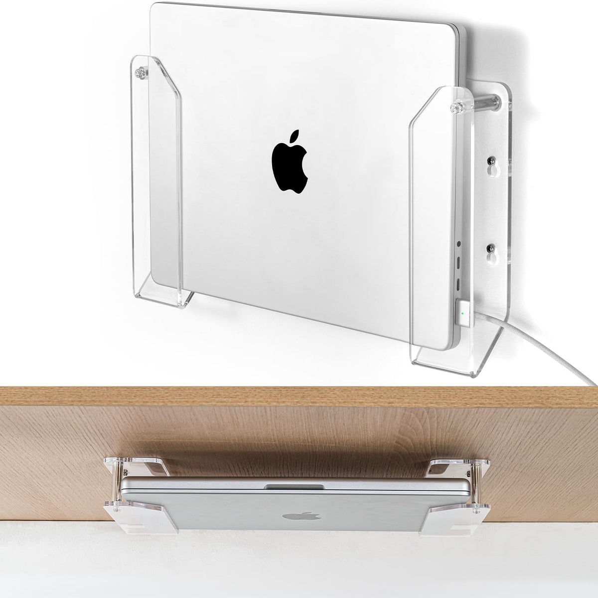 Haohaio laptop wall mount under desk in clear acrylic blends with workspace.