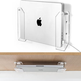 Haohaio laptop wall mount under desk in clear acrylic blends with workspace.