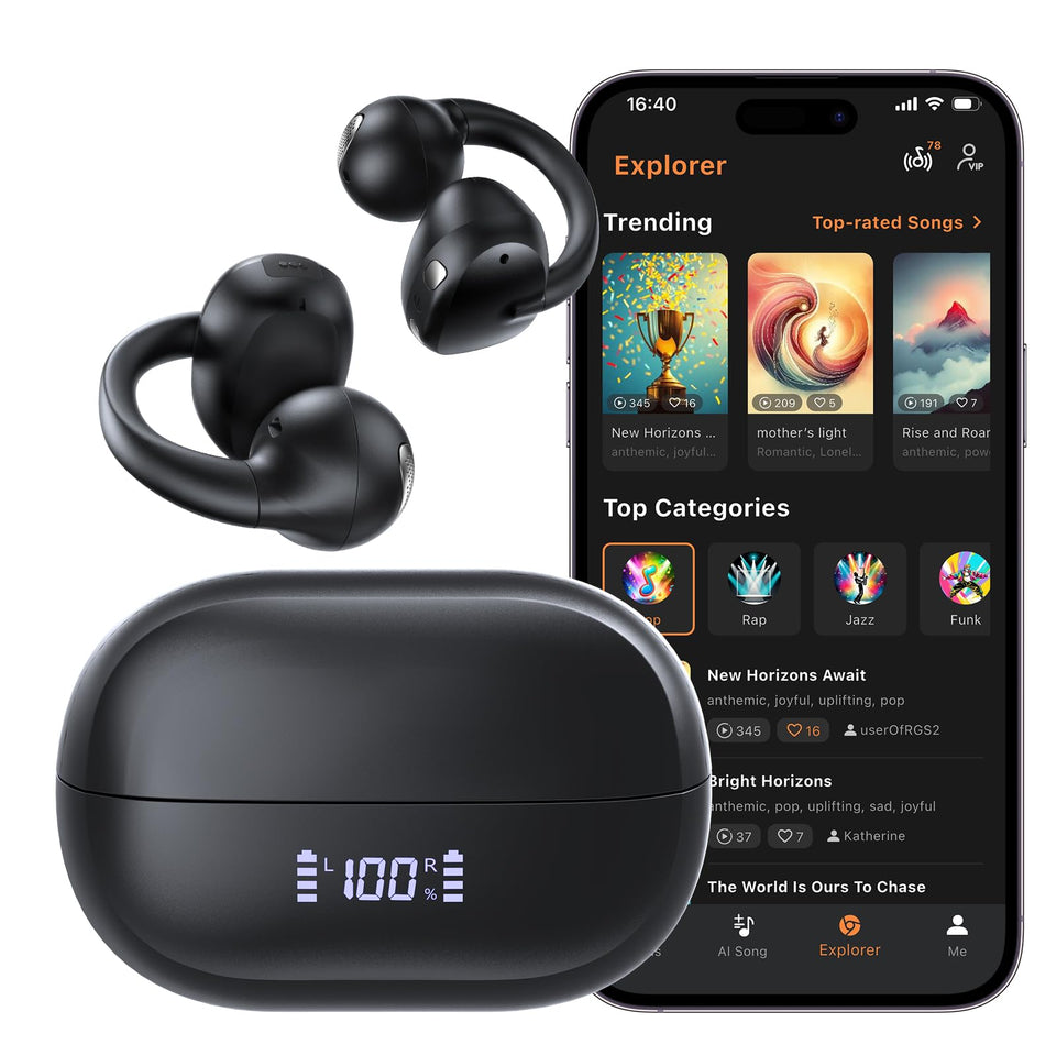 Haowolf Open-Ear Earbuds front view highlighting ultralight comfort