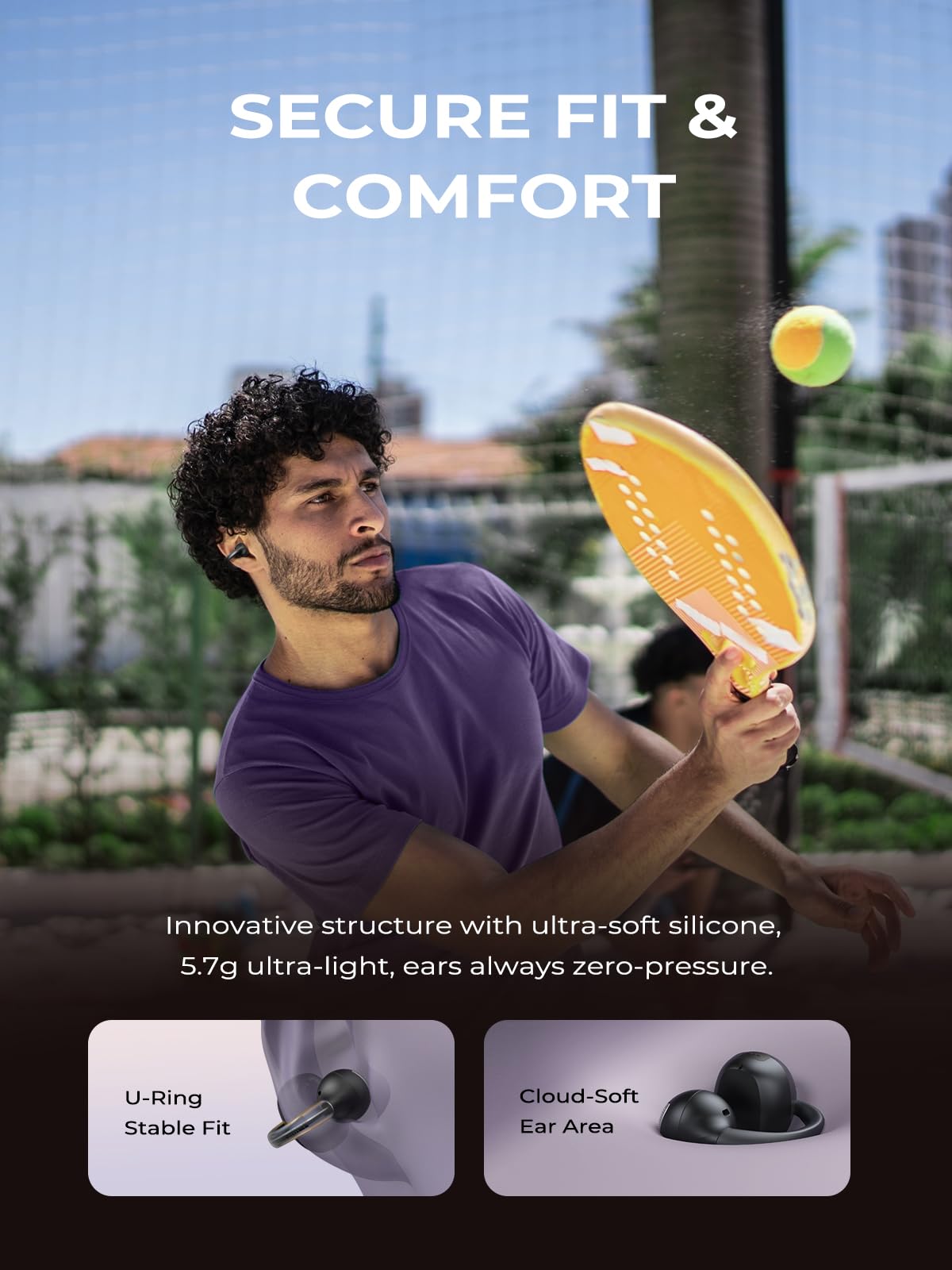 Haowolf Open-Ear Earbuds worn during a run showing secure fit