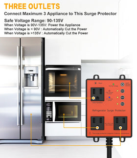 HAOYIKONG protector plugged into wall beside refrigerator demonstrating easy installation