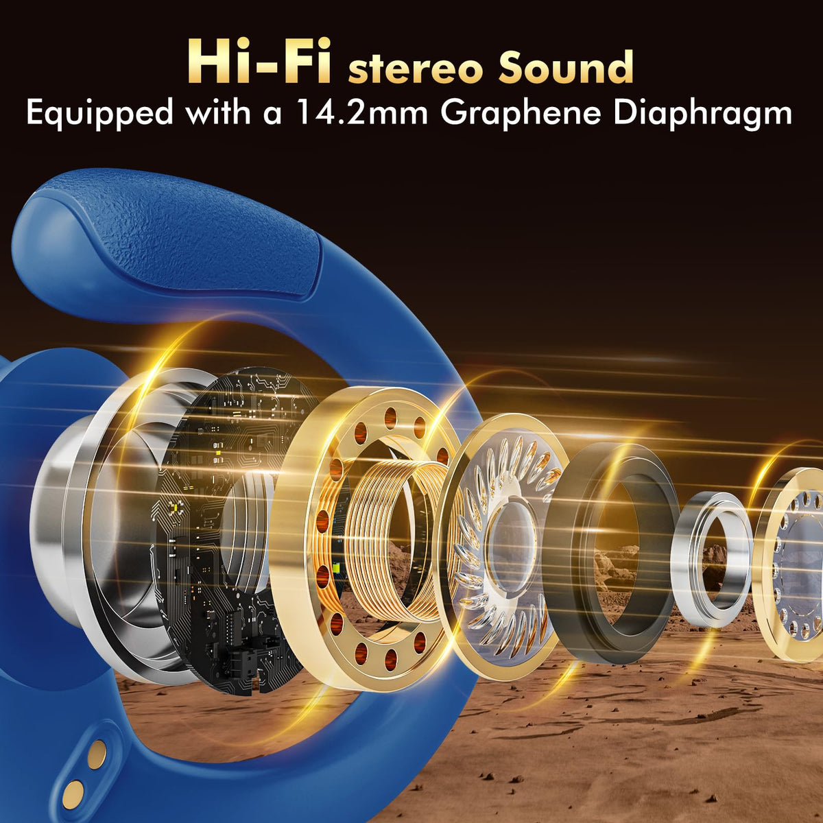 HAOYUYAN BX17 earbud close-up of 14.3mm driver, emphasizes rich sound