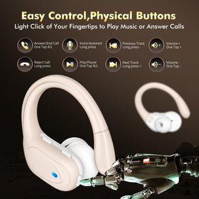 HAOYUYAN earbuds next to a smartphone for scale, illustrates compact portability