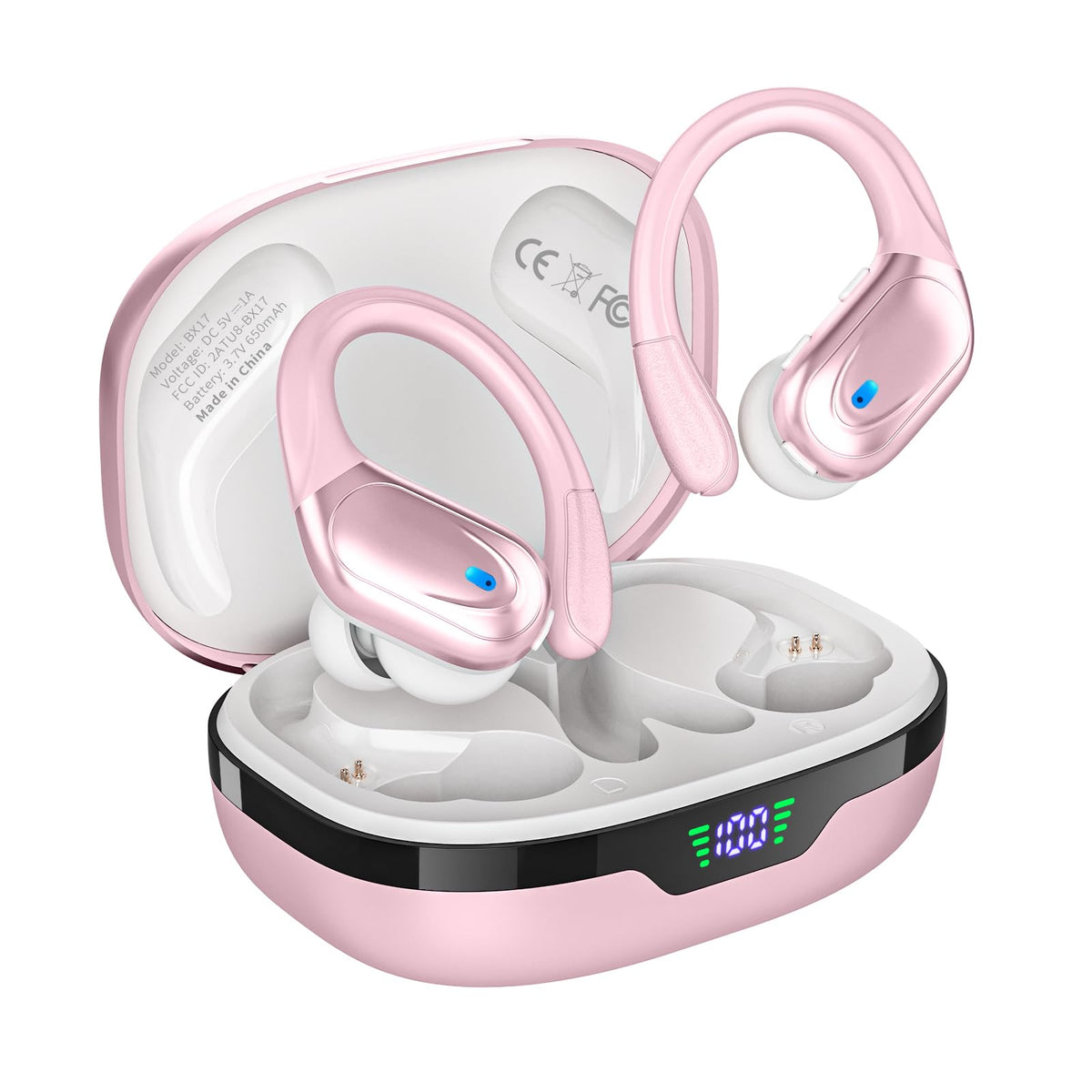HAOYUYAN BX17 wireless earbuds in pink with LED power display for quick battery checks during workouts.