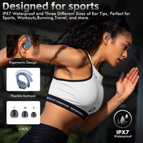 HAOYUYAN earbuds held in hand to show compact size and portability