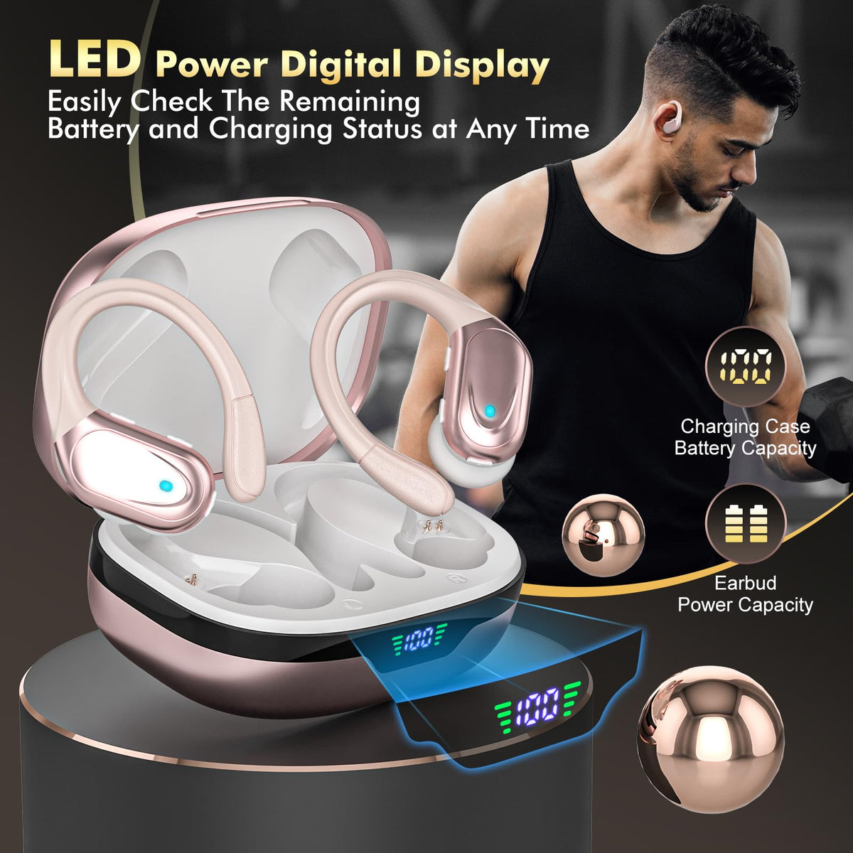 HAOYUYAN earbuds and case next to smartphone to show compact scale