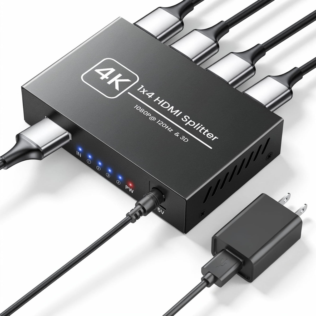 Happfeel 4K HDMI Splitter front view showing four output ports for quick multi-display mirroring