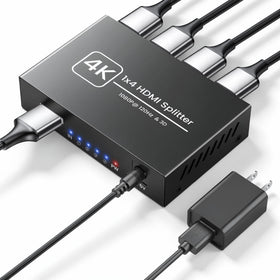 Happfeel 4K HDMI Splitter front view showing four output ports for quick multi-display mirroring