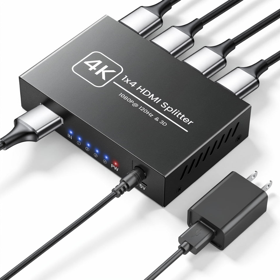 Happfeel 4K HDMI Splitter front view showing four output ports for quick multi-display mirroring