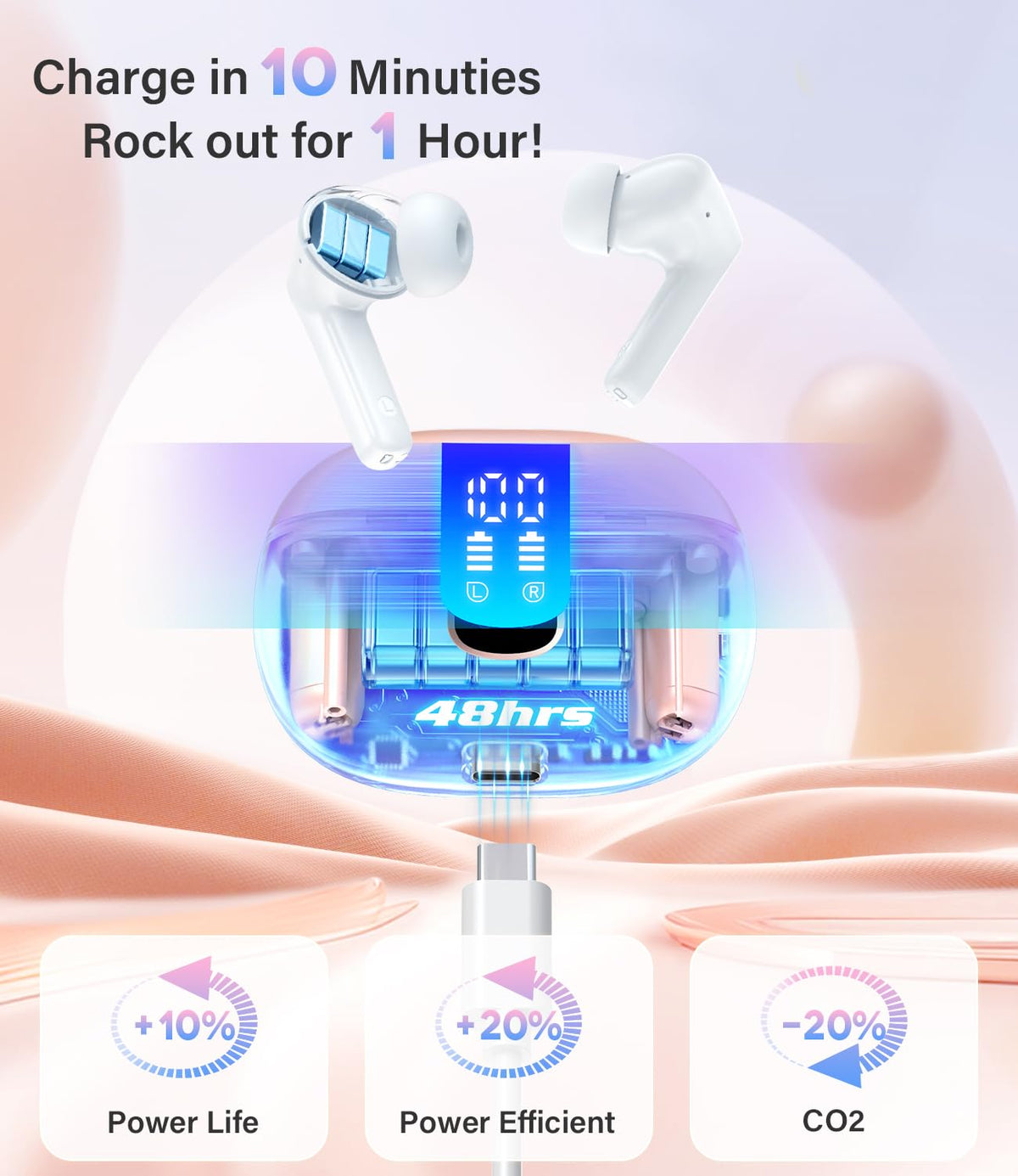 Haqquio earbuds LED battery display shows remaining charge for easy planning.