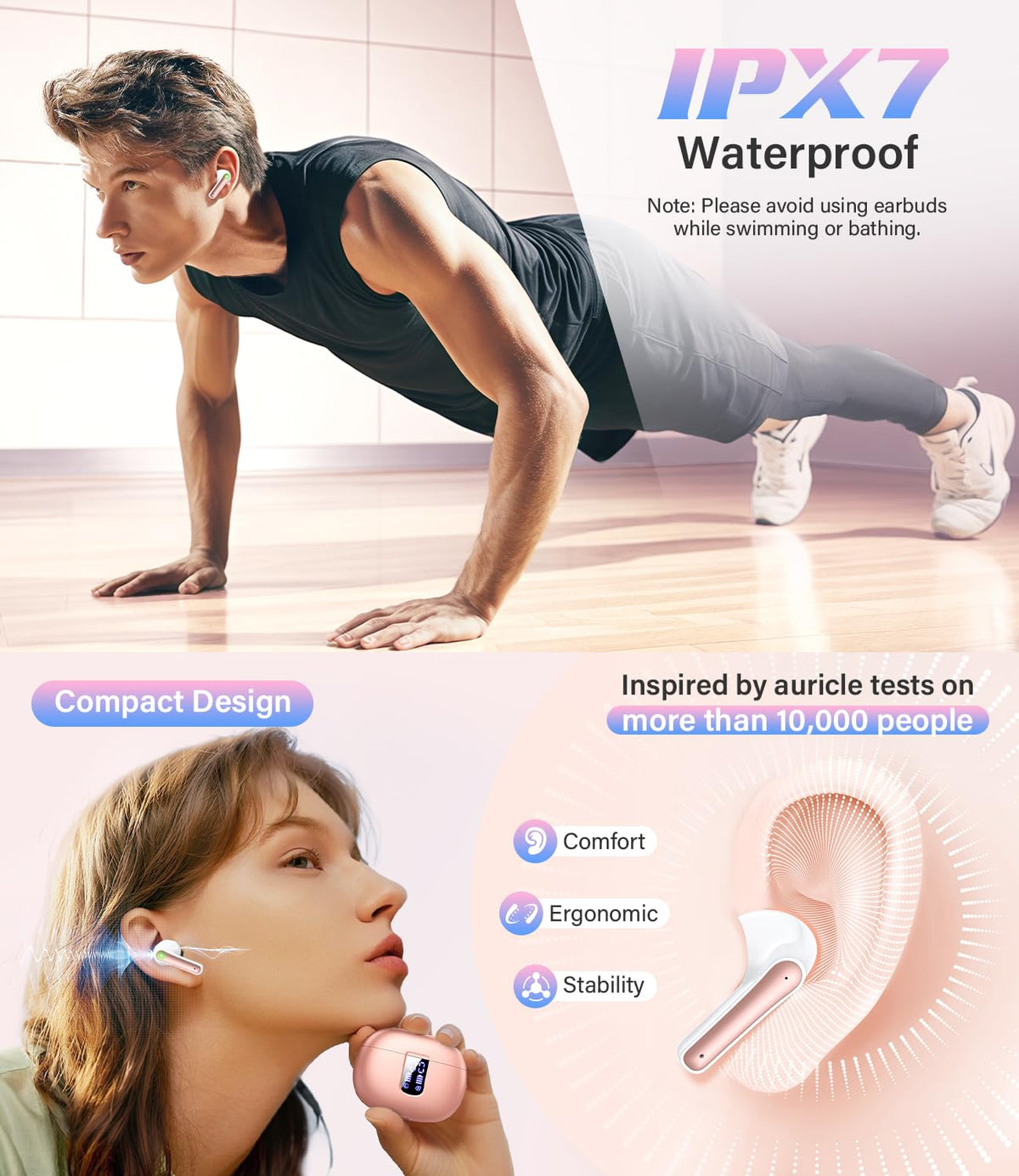 Haqquio earbuds with mic work with iPhone, Android, and iPad in pink.