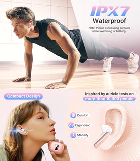 Haqquio earbuds with mic work with iPhone, Android, and iPad in pink.