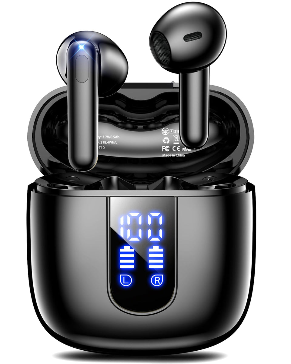 Haqqquio wireless earbuds with LED battery display for easy power tracking.
