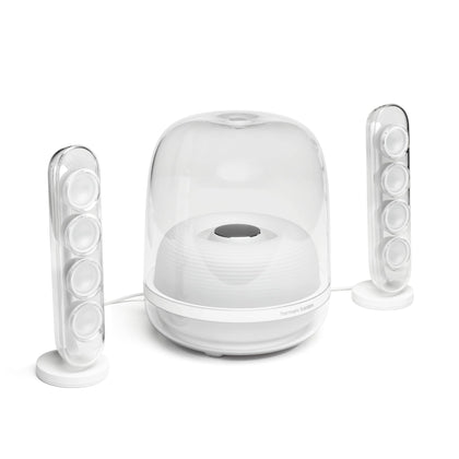 Harman Kardon SoundSticks 4 dome design enhances modern living rooms with iconic style.