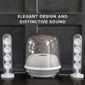 Powered subwoofer delivers deep bass that anchors your music.