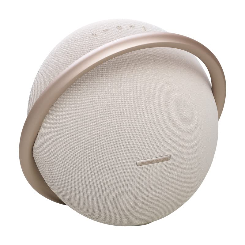 Harman Kardon Onyx Studio 8 beige front view delivering powerful, immersive sound.