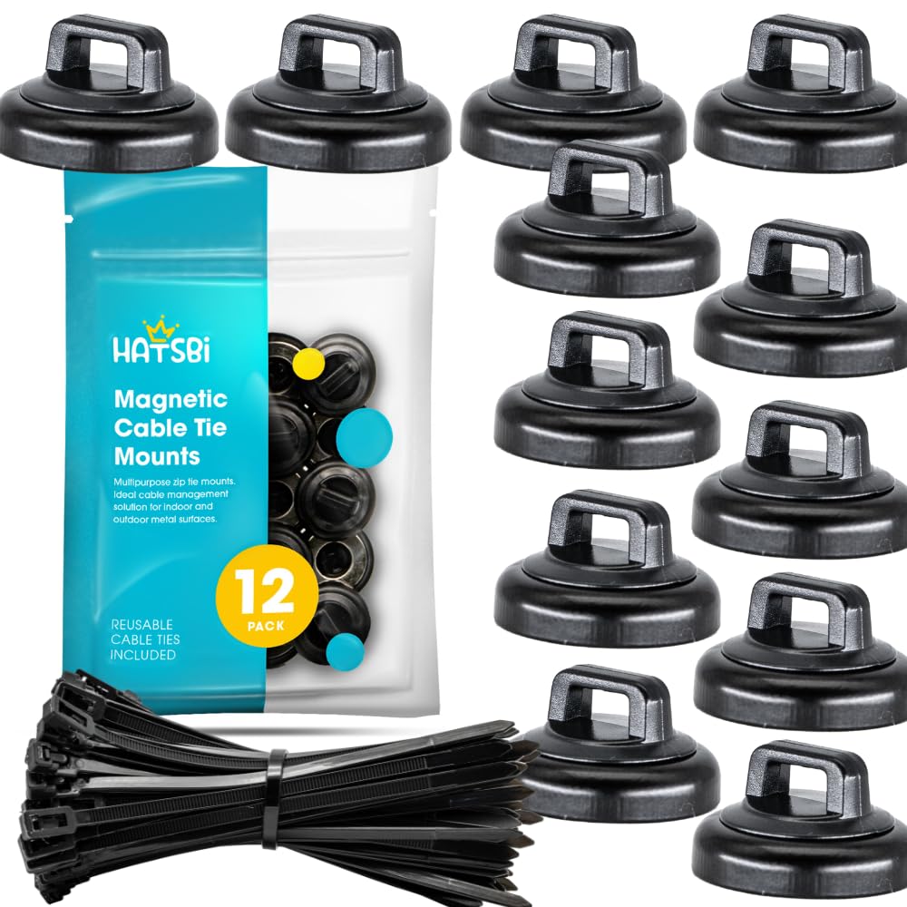 Hatsbi magnetic cable zip tie mounts secured to metal surface for tidy cables.