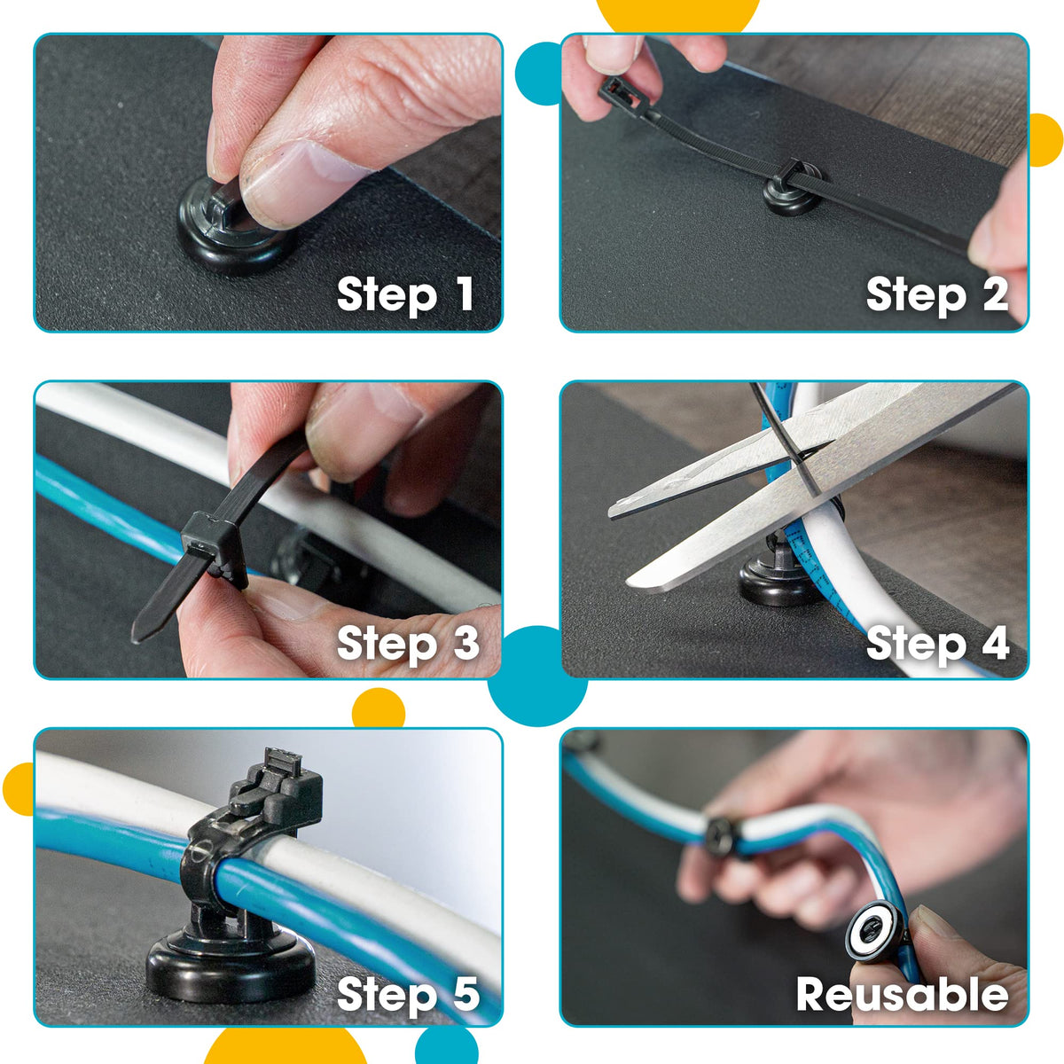Hatsbi 12-pack cable mounts shown on a laptop stand keeping cords organized.