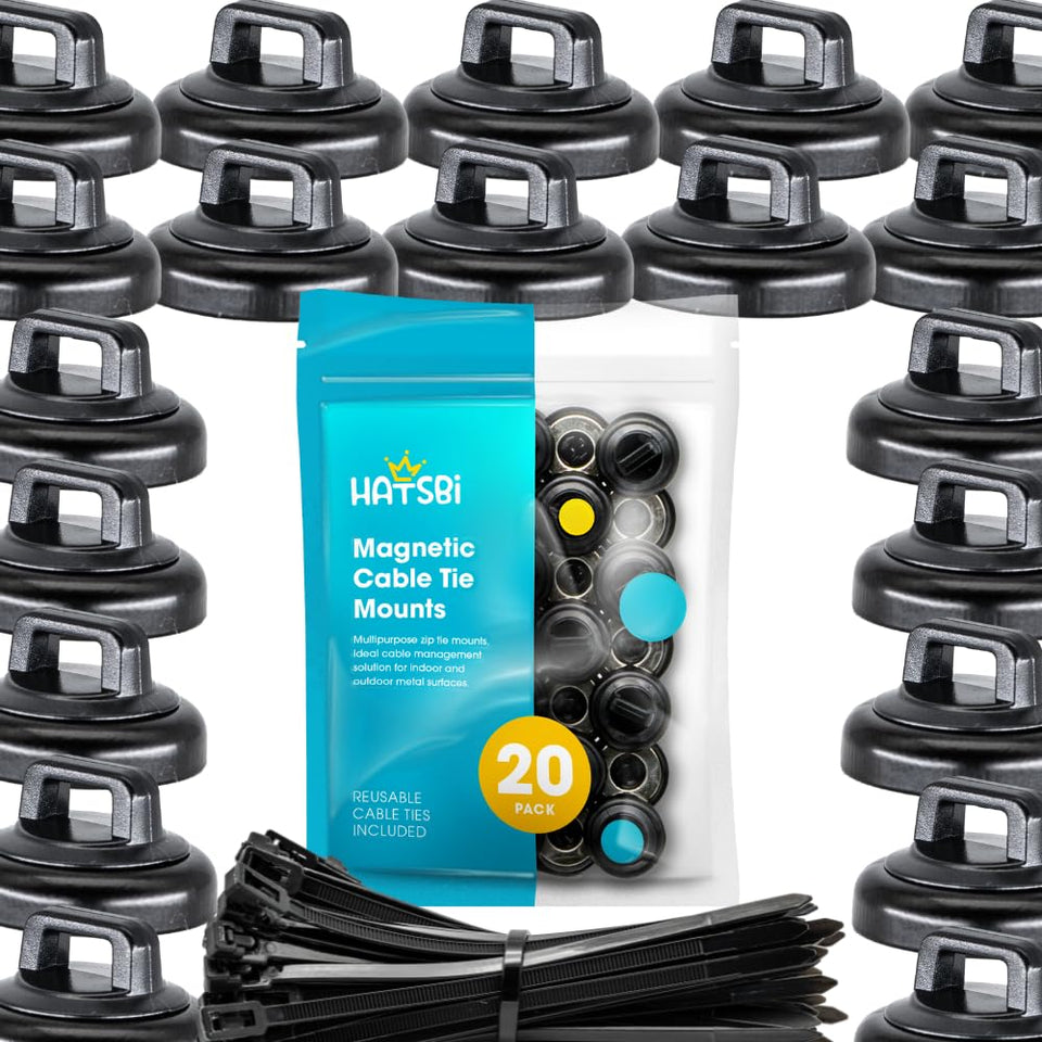 Hatsbi magnetic cable zip tie mounts in the 20-pack packaging for quick setup.