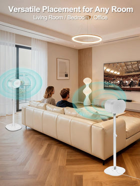 Haturi bedroom scene with two stands illustrating stereo pairing and space-saving benefit