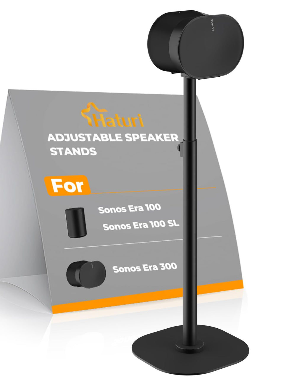 Haturi front view with SONOS ERA on stand showing tidy setup and stable support