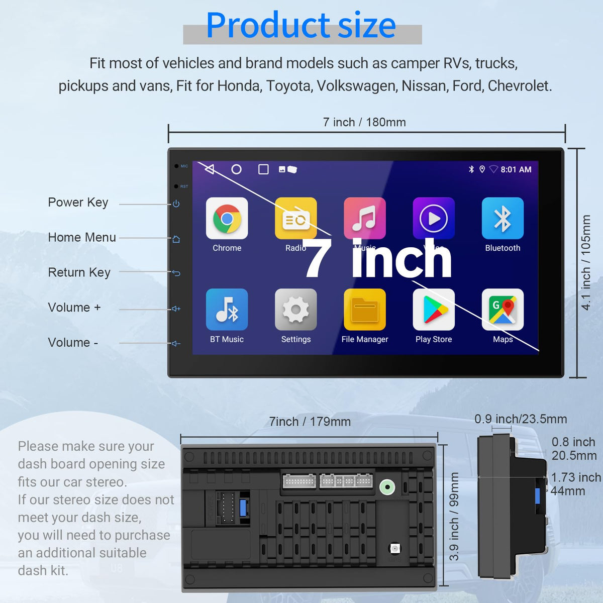Haudio dash-mounted IPS touchscreen 1024x600 for clear visuals and responsive control