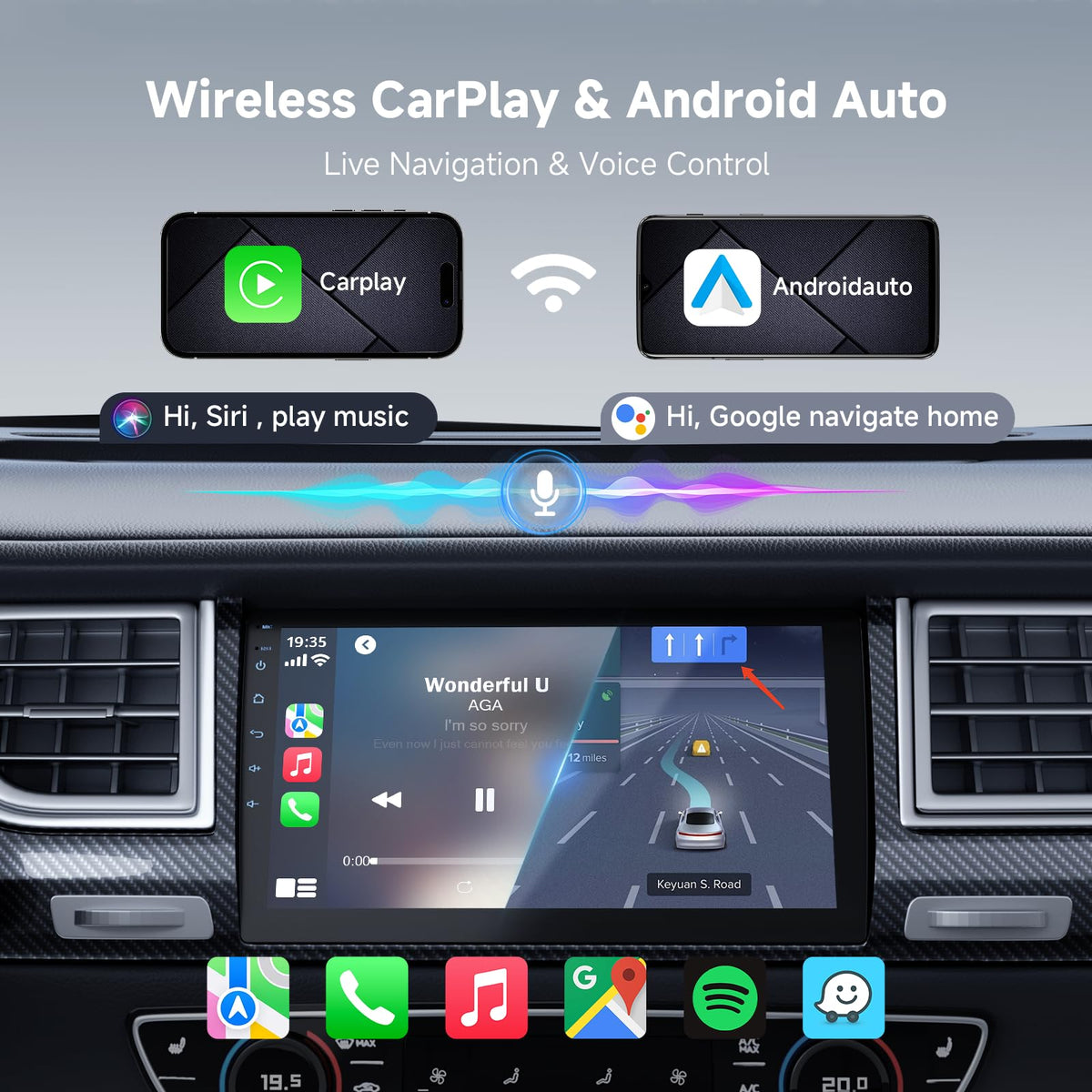 Haudio 9-inch double din carplay-android-auto icons showing seamless smartphone integration for calls.