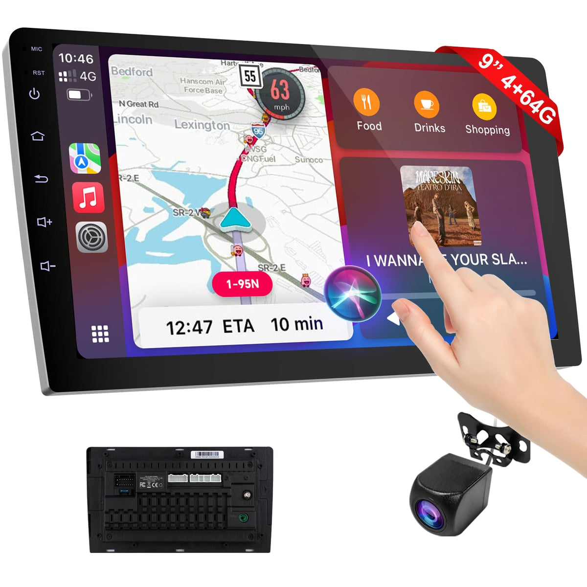 Haudio 9-inch CarPlay screen front view showing a bright CarPlay interface
