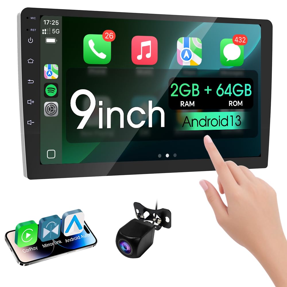 Haudio 9-inch wireless double din car stereo display optimized for CarPlay and Android Auto.