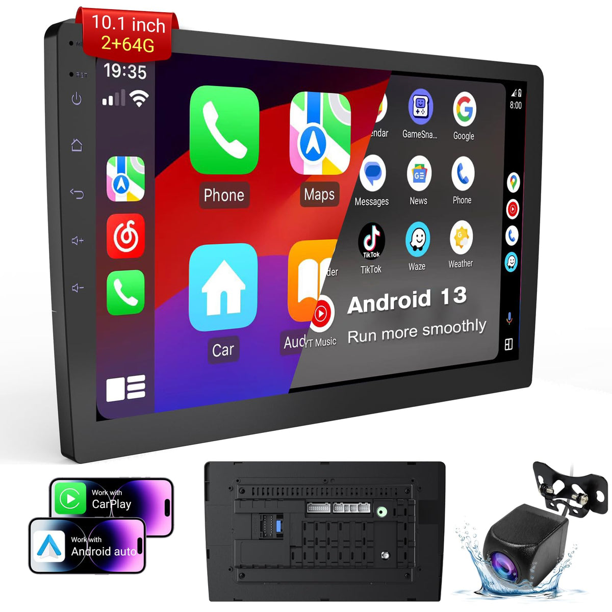 Haudio double din Android 13 front panel view for in-dash infotainment upgrade.