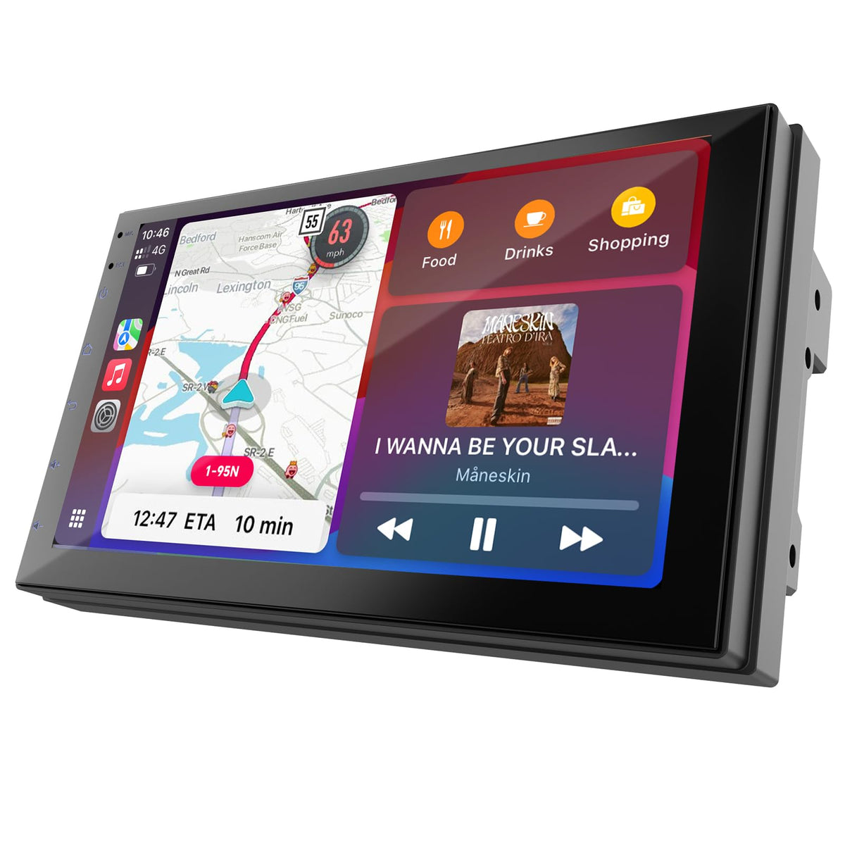 Haudio front panel display showing home screen and wireless CarPlay benefit