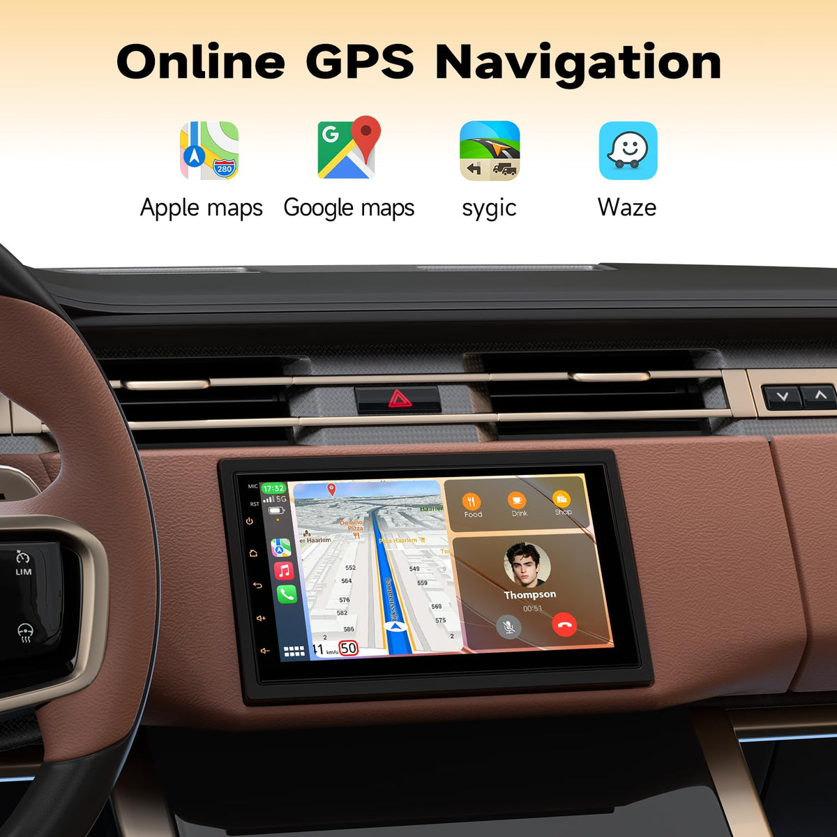 Haudio GPS navigation showing real-time routes and live traffic updates.