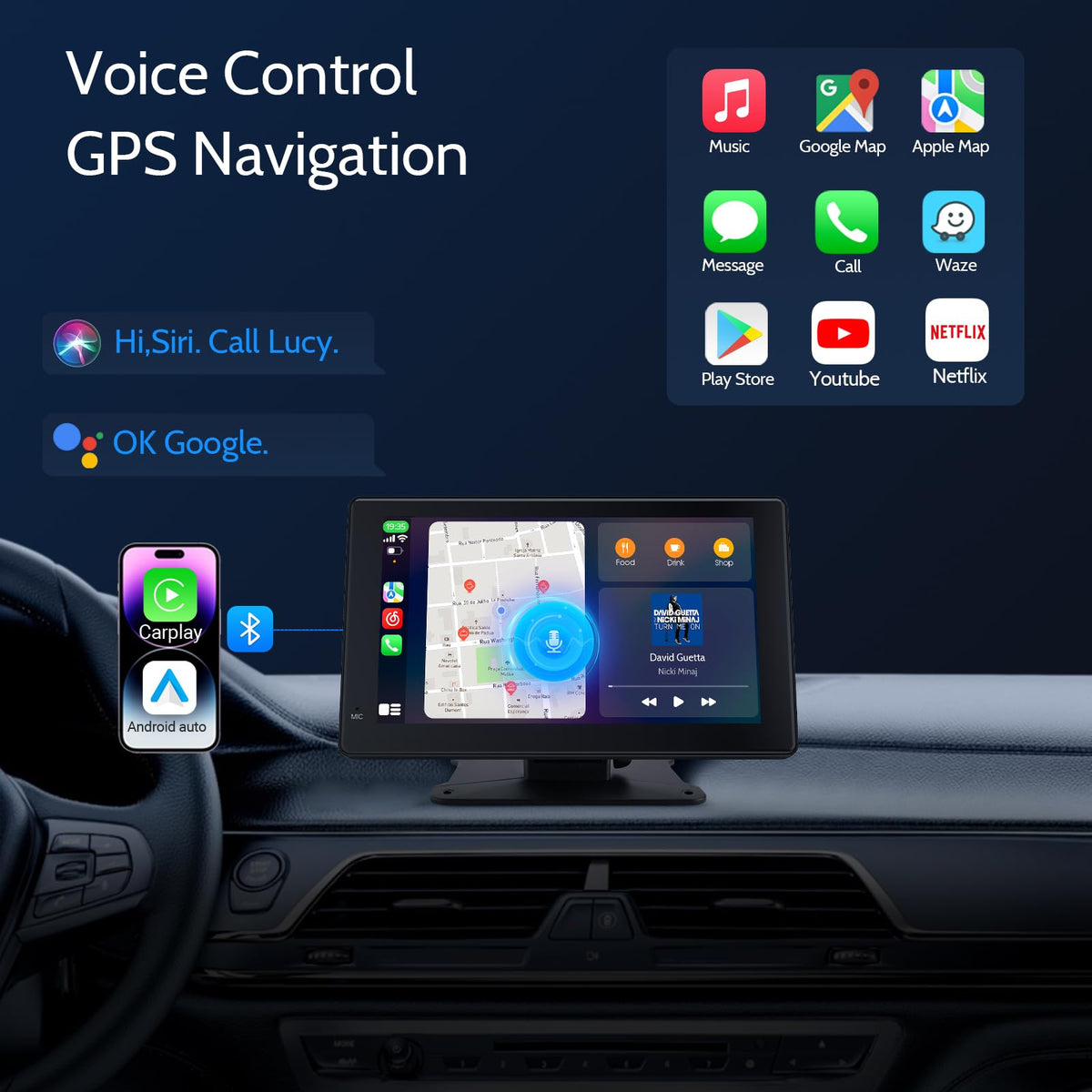 Haudio in lifestyle driving scene showing phone integration and hands-free safety