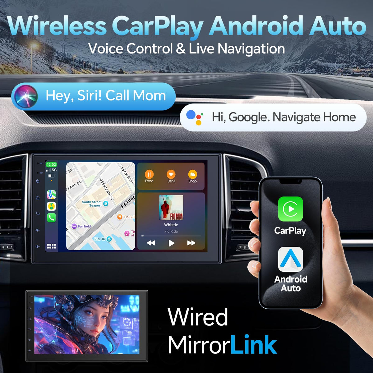 Haudio touchscreen closeup with split-screen navigation for quick glanceability
