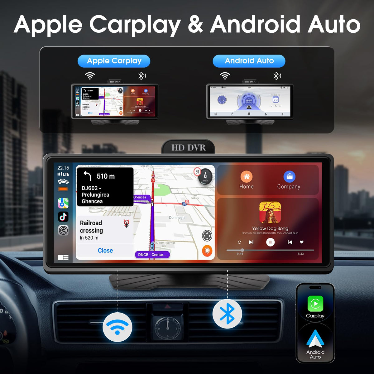 Haudio wireless CarPlay screen mounted on dashboard for secure installation