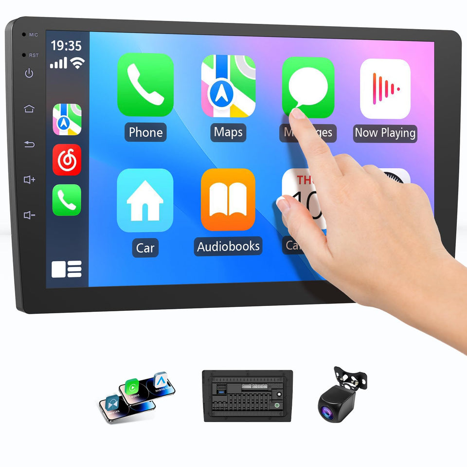Haudio wireless 9-inch din screen paired with CarPlay for easy navigation and media.