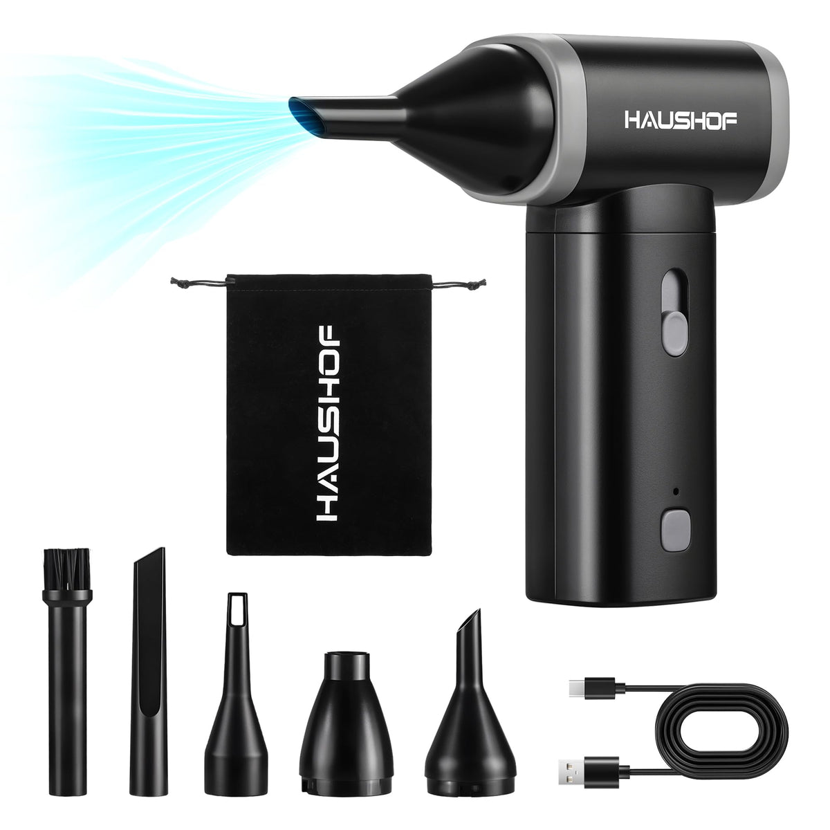 HAUSHOF 8V mini air duster in palm-size form for on-the-go dust removal
