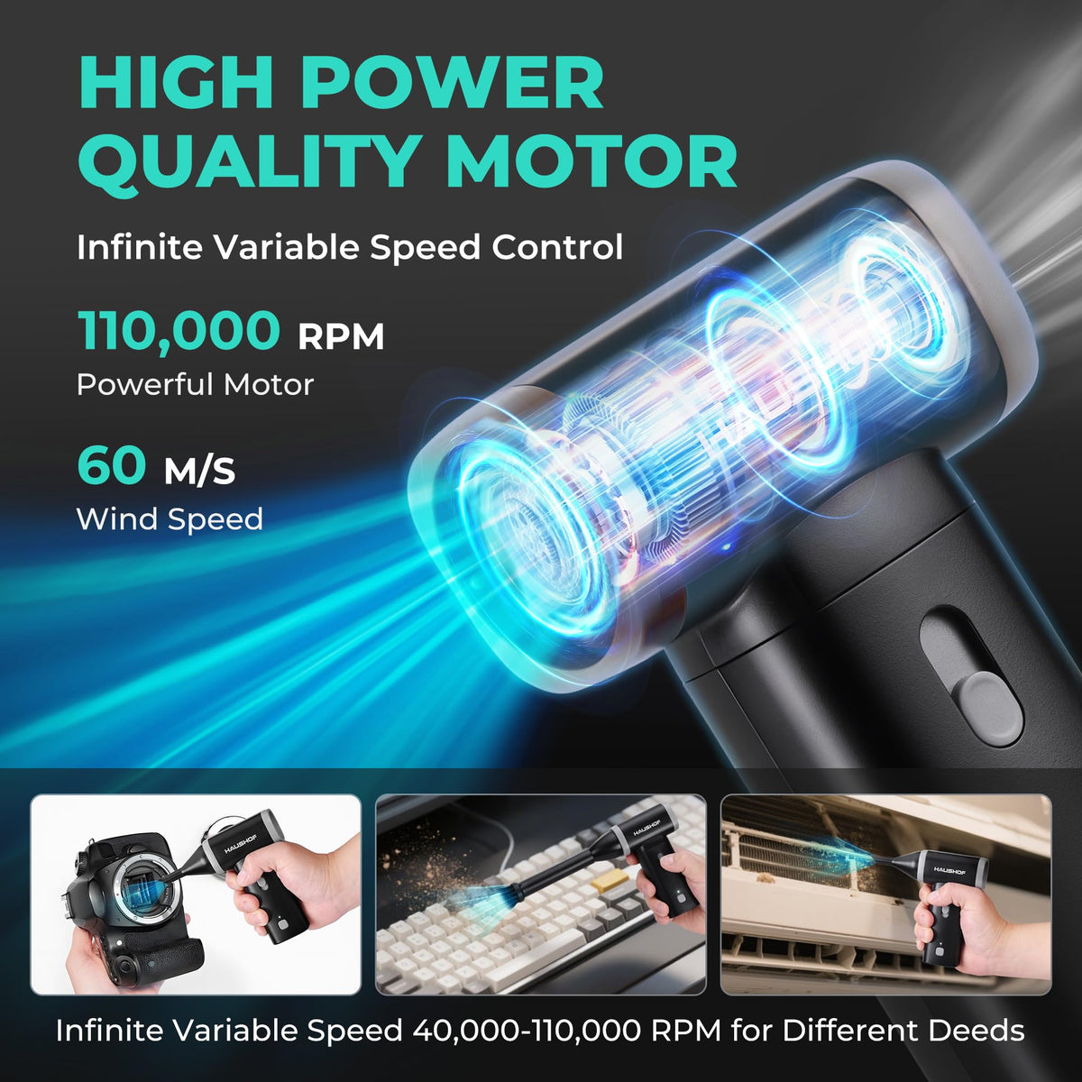 HAUSHOF 8V mini air duster with variable speed for delicate surfaces