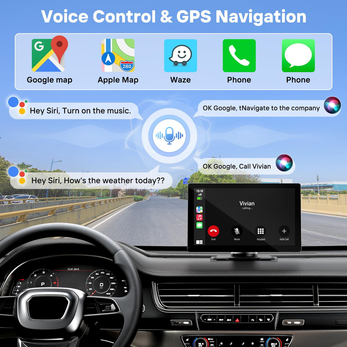 HAUXIY CarPlay screen showing voice control and navigation prompts
