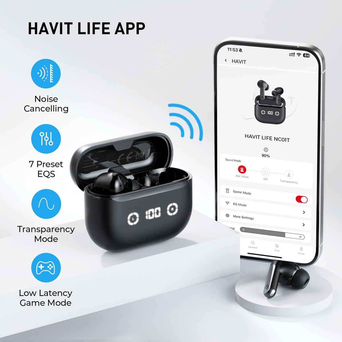 havit app EQ screen showing HAVIT LIFE customization for personalized sound