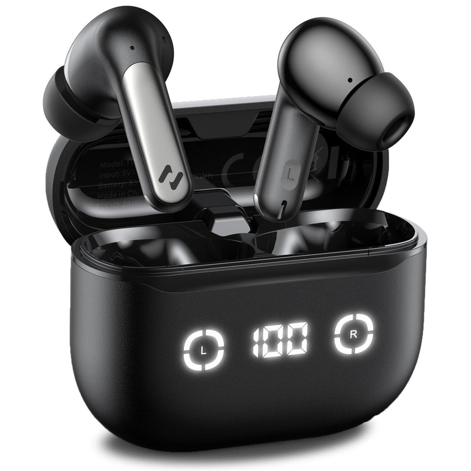 havit front view with case open showing earbuds and LED for quick battery check