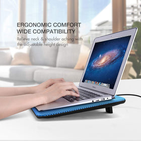 havit pad under laptop in cafe creating cooler, quieter workspace