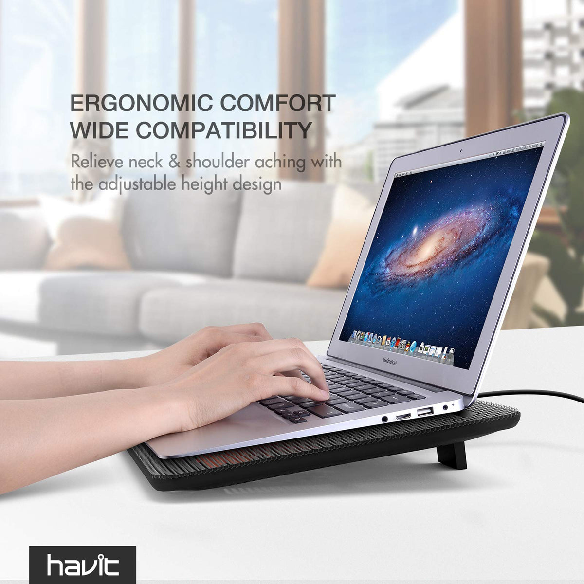 havit beside a backpack showing slimness benefit: easy to carry
