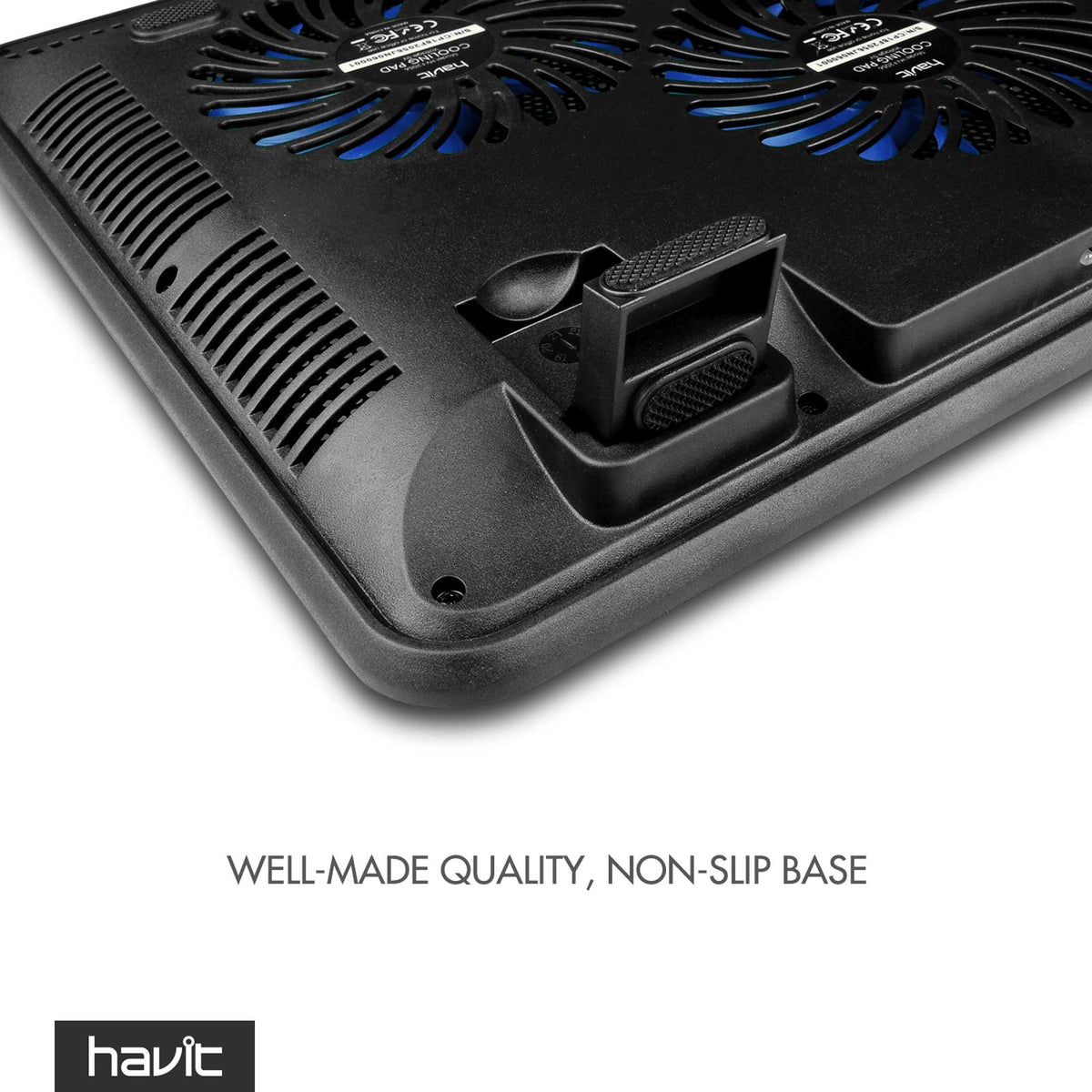 havit cooling pad beside backpack showing compact, travel-friendly size