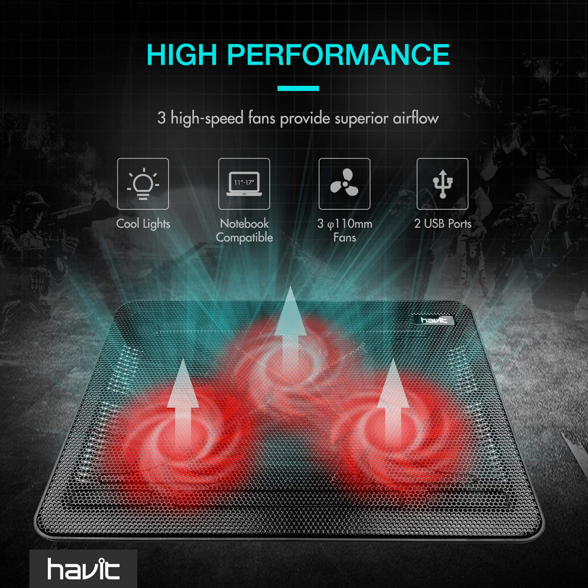 havit under a 17-inch laptop showing fit and support benefit: secure placement