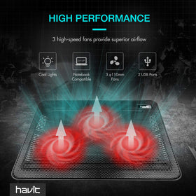 havit under a 17-inch laptop showing fit and support benefit: secure placement