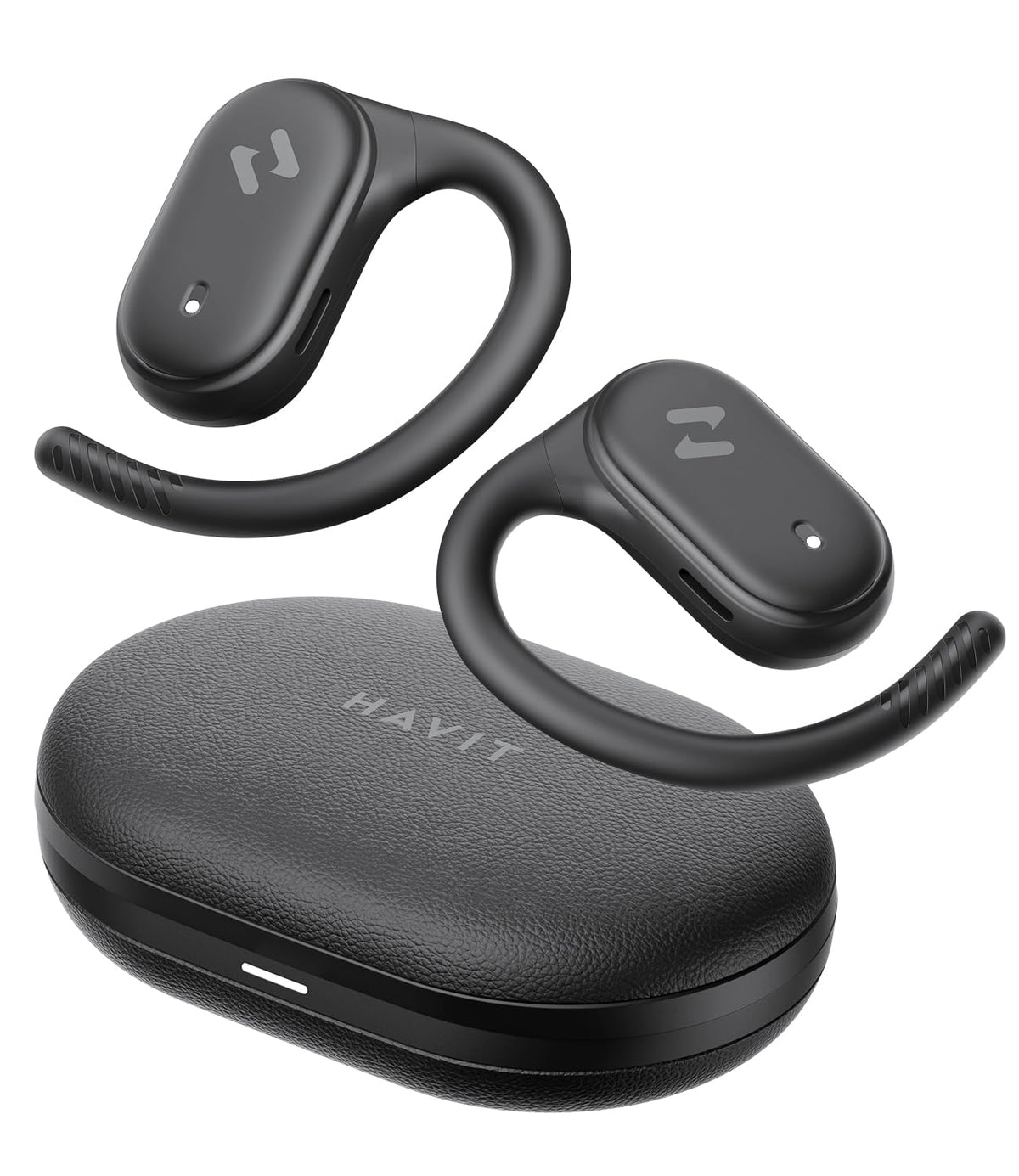 Havit open-ear headphones close-up shows lightweight comfort for long workouts.