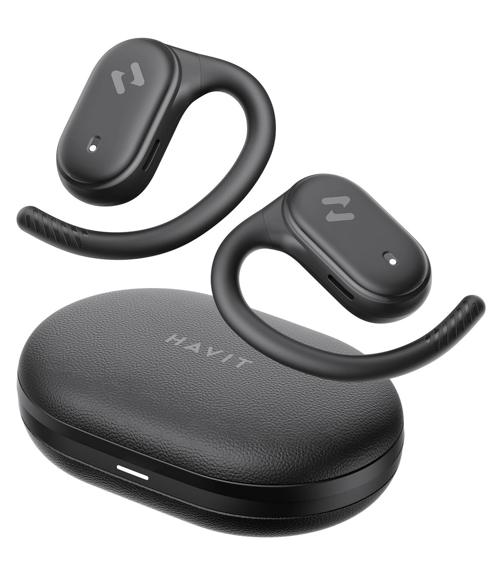 Havit open-ear headphones close-up shows lightweight comfort for long workouts.